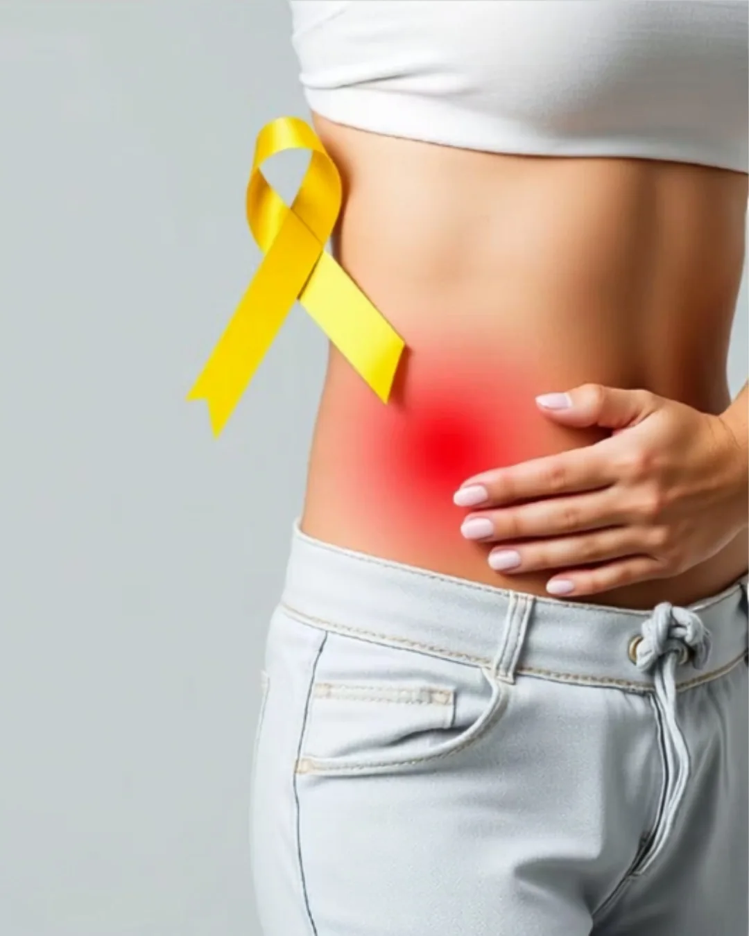 Mujer con dolor pélvico abdominal y el listón de concientización de la endometriosis